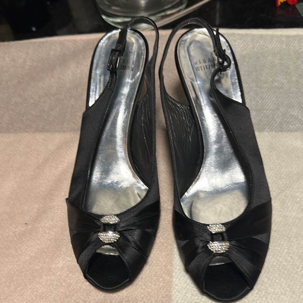 Stuart Weitzman size 9 M women’s open toe embellished sling back pump.